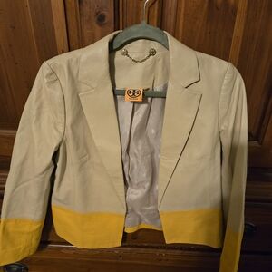 Tory Burch Sz 6 Yellow and Cream Women's Lambskin Cropped Leather Jacket New